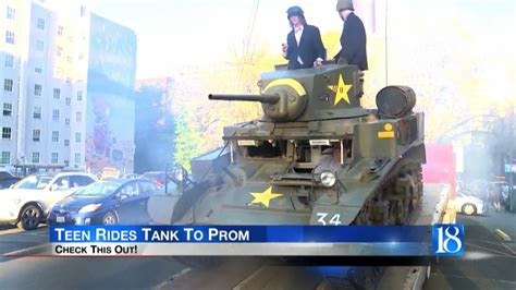 Teenagers ride tank to prom